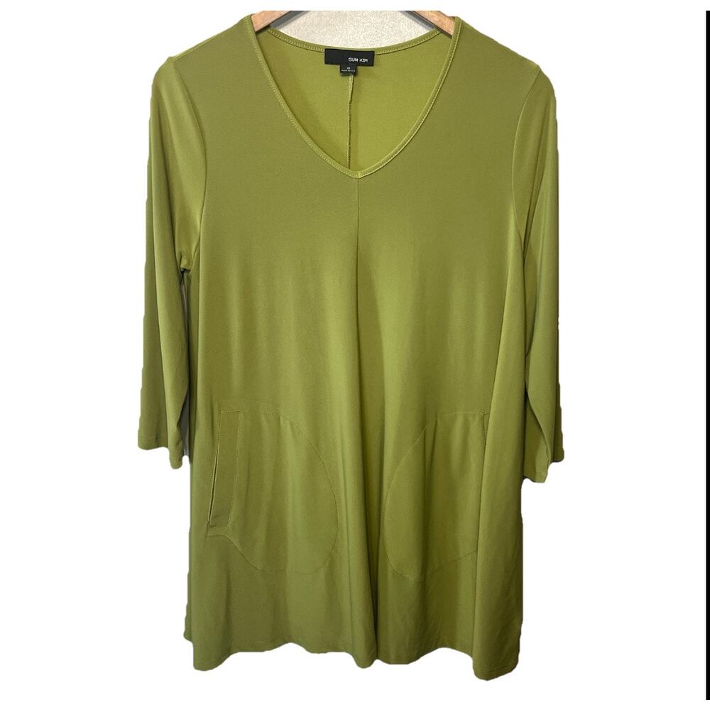 Sun Kim Tunic Chartreuse Green V Neck Pocket Knit Lagenlook Comfy Casual S